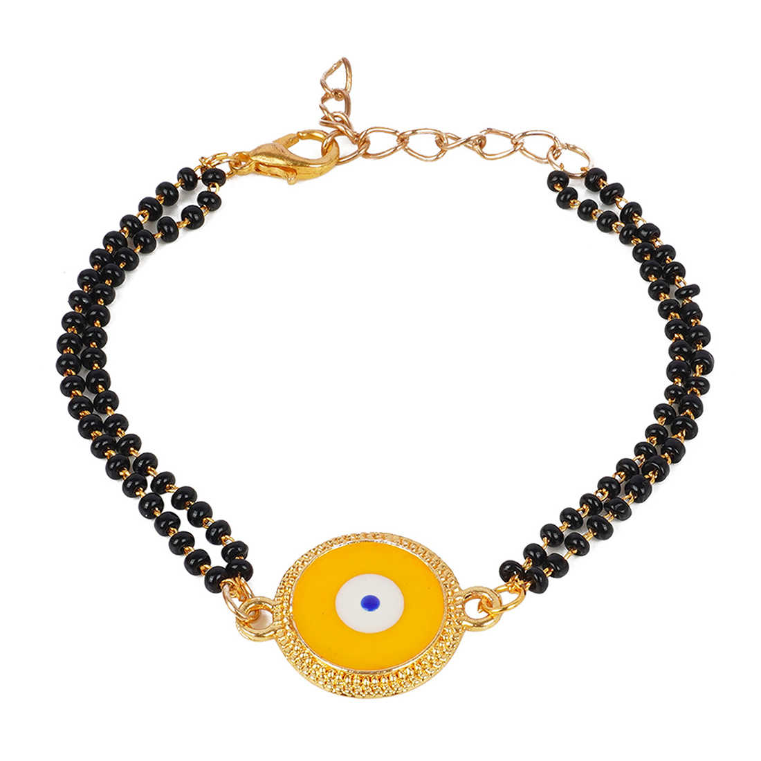 Gold Lined Yellow Evil Eye Mangalsutra Beads Rakhi