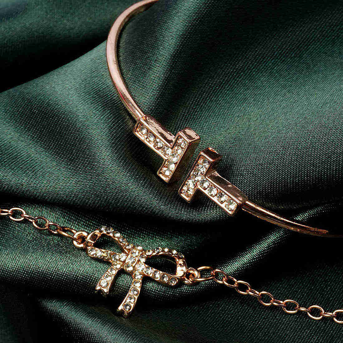 Crystal T & Bow Rose Gold Bracelet Set of 2