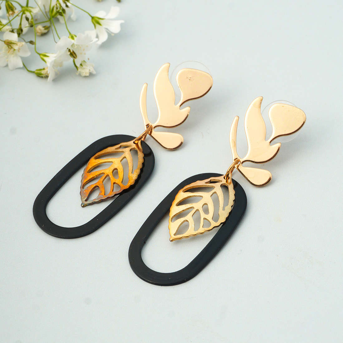 Black Ring Gold Leaf Earrings
