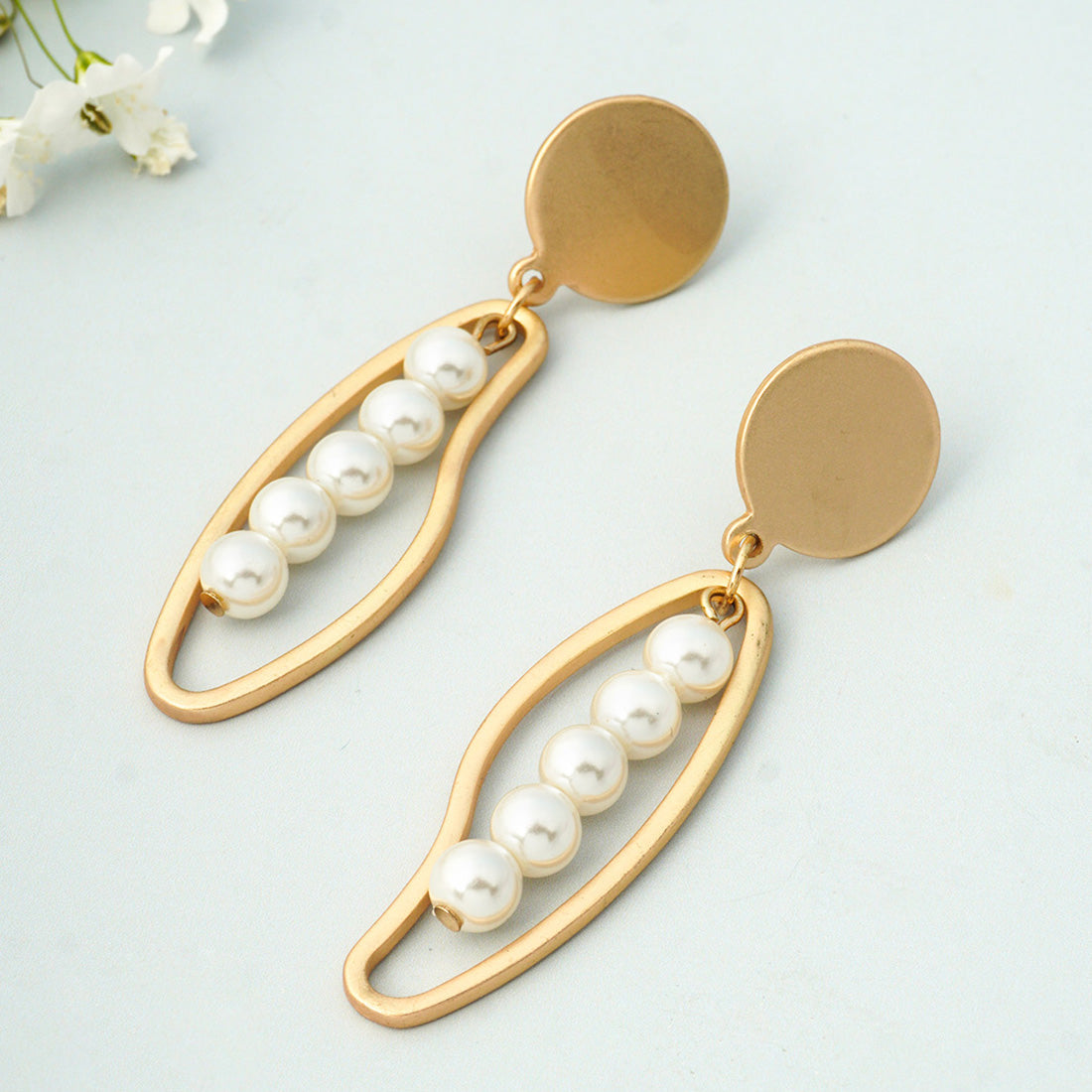 Gold Pearl String Dangling Earrings