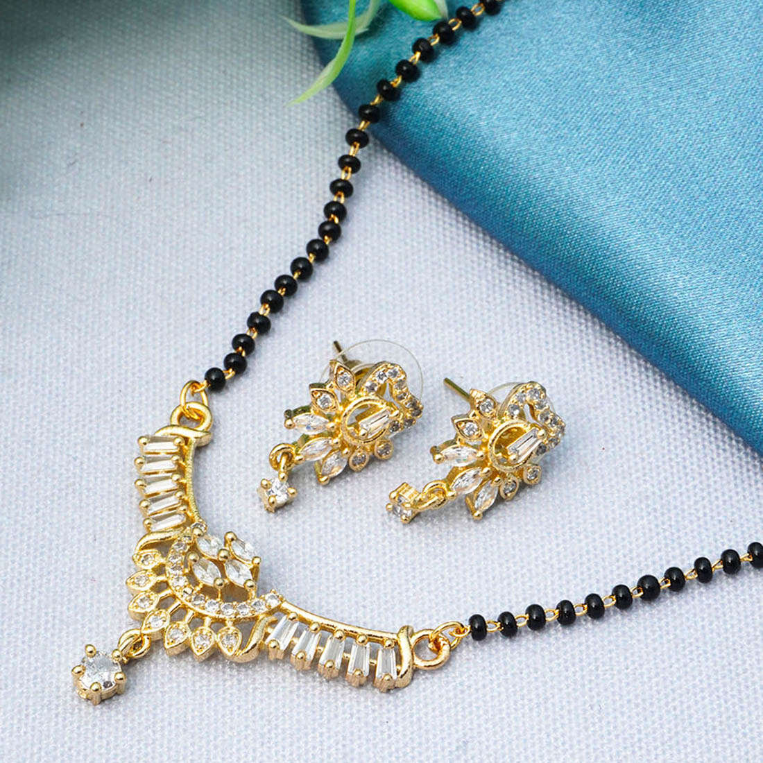 Gold Plated AD Studded and Beaded Mangalsutra With Earring