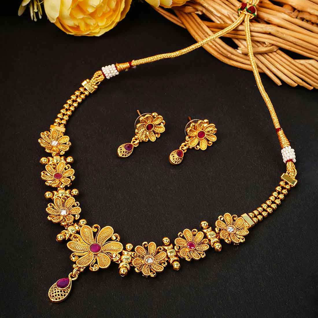 Magenta Crystal Floral Gold Necklace Set
