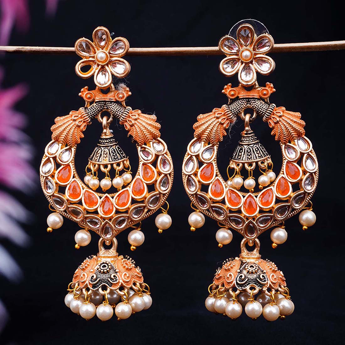 Orange Crystal Oxidized Gold Jhumka Earrings