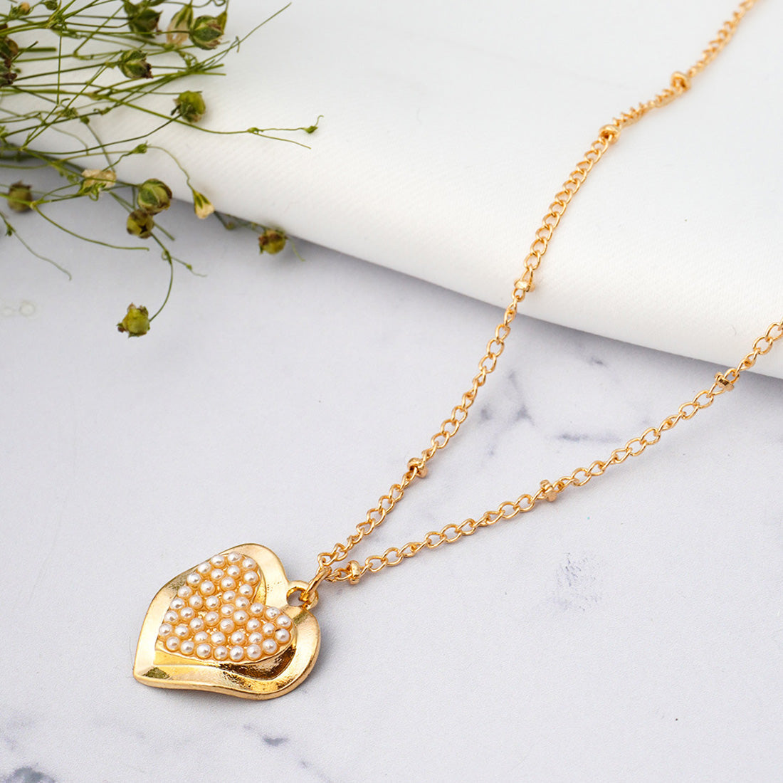 Pearl Studded Heart Gold Necklace
