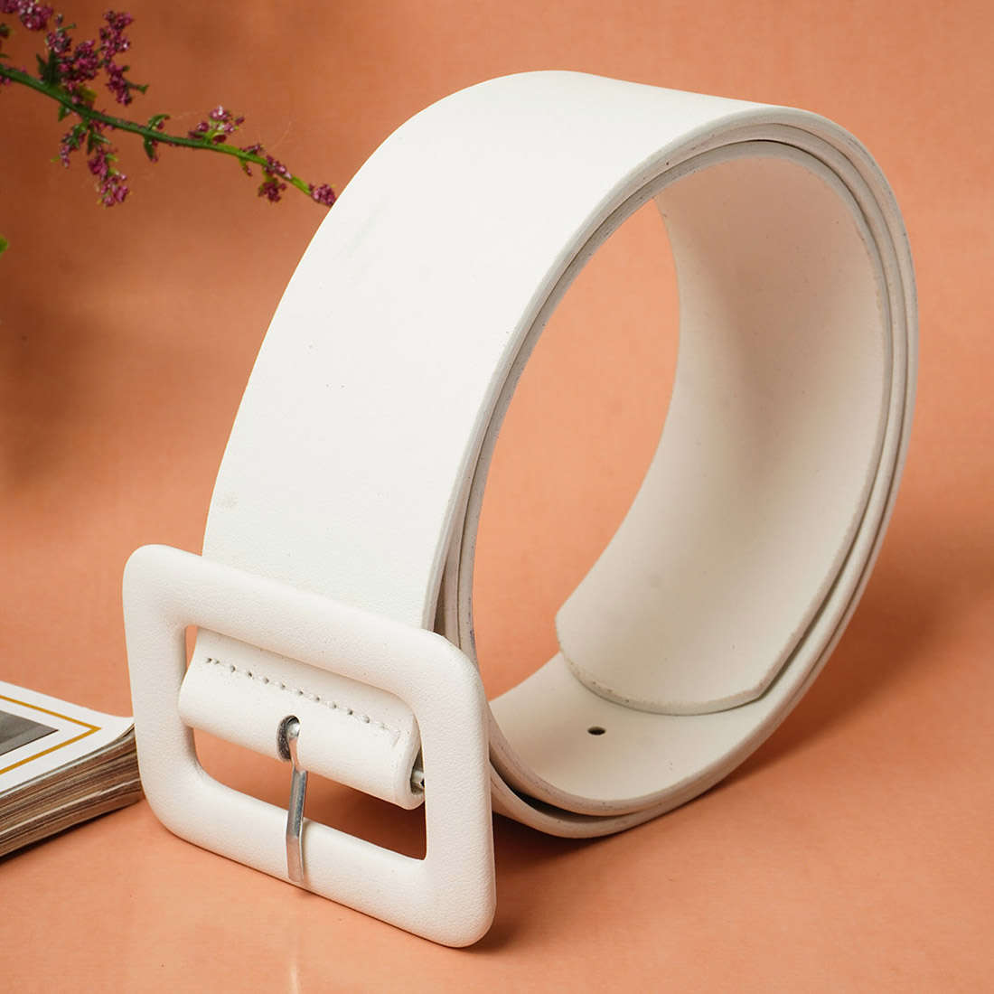 Rectangle Buckle Solid White Belt
