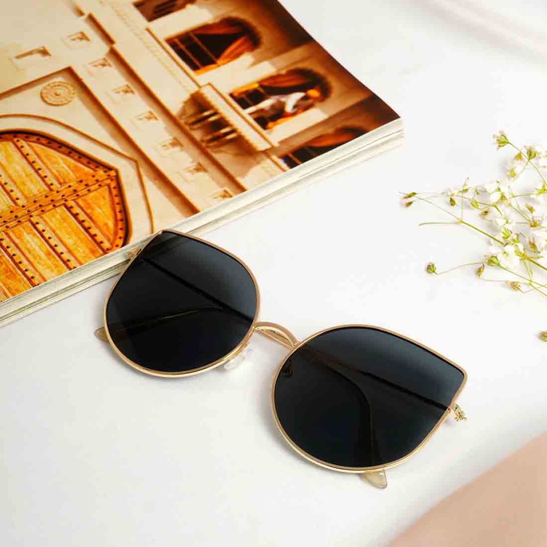 Unisex Black & Gold-Toned UV-Protected Cateye Sunglasses