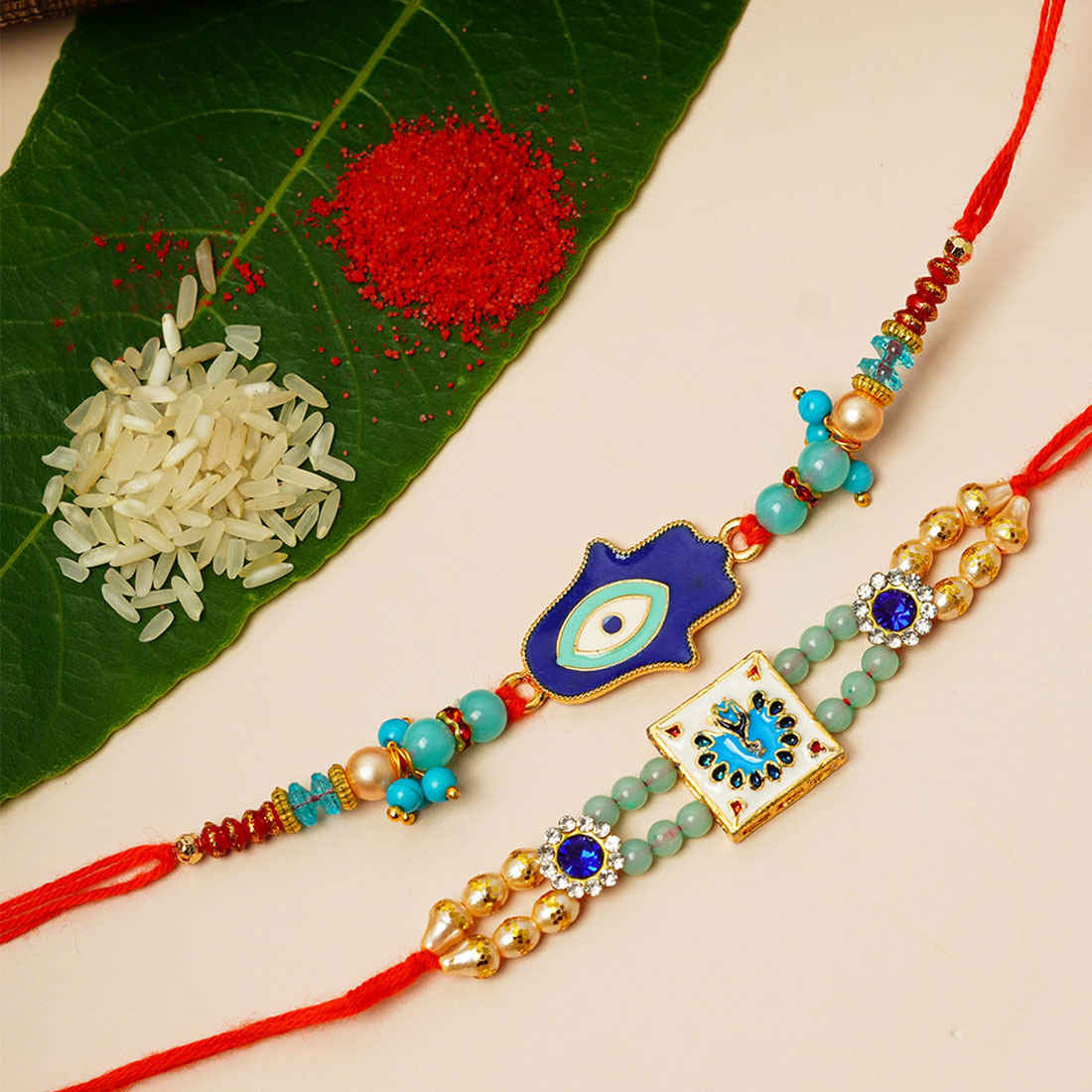 Blue Hamsa Hand & Meenakari Rakhi Set of 2