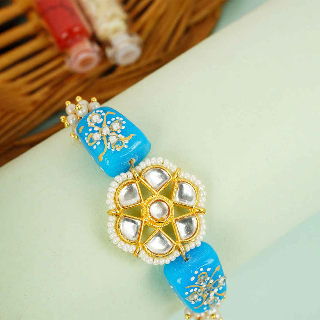 Blue Kundan Flower Rakhi