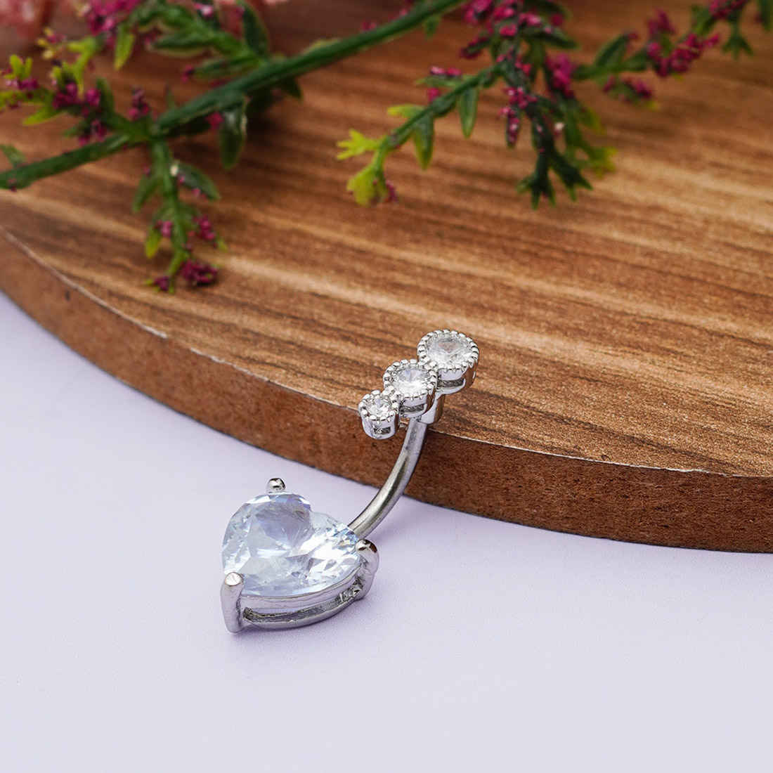 Silver Crystal Heart Bar Bell Belly Button Ring