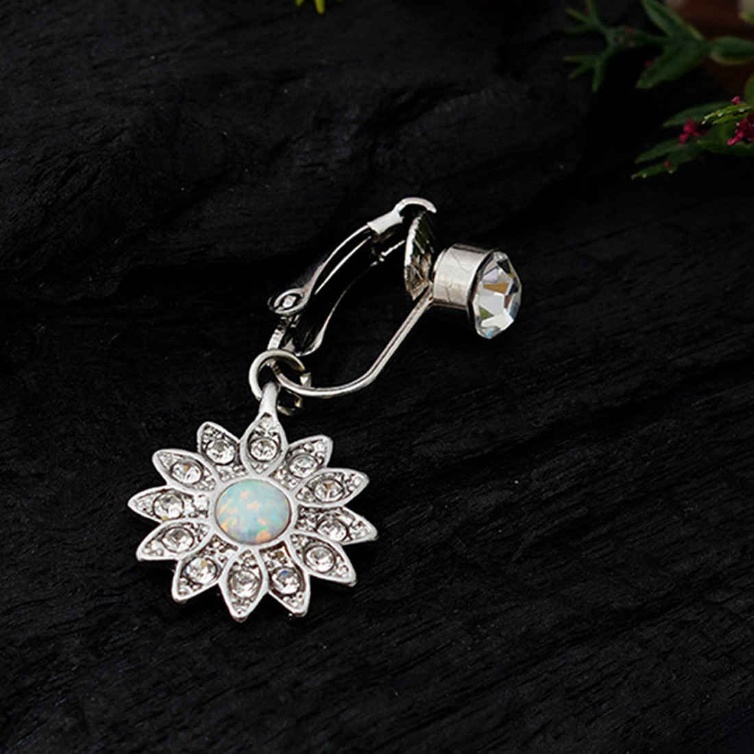 Marble Centered Flower Charm Silver Belly Button Ring