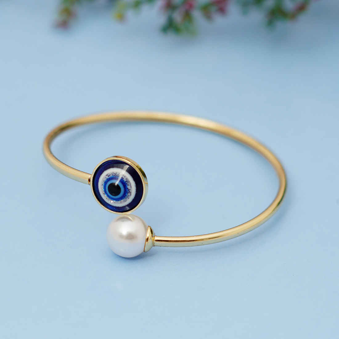 Evil Eye Pearl End Cuff Bracelet