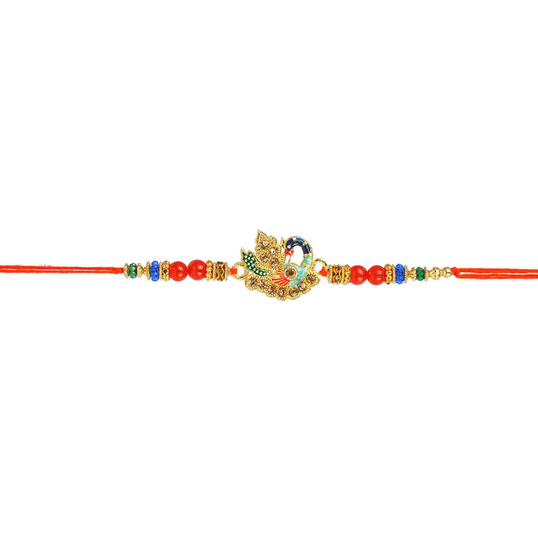 Urmika Colorful Peacock Rakhi with Red Thread with Roli Chawal