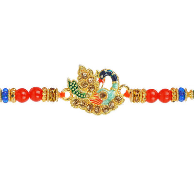 Urmika Colorful Peacock Rakhi with Red Thread with Roli Chawal