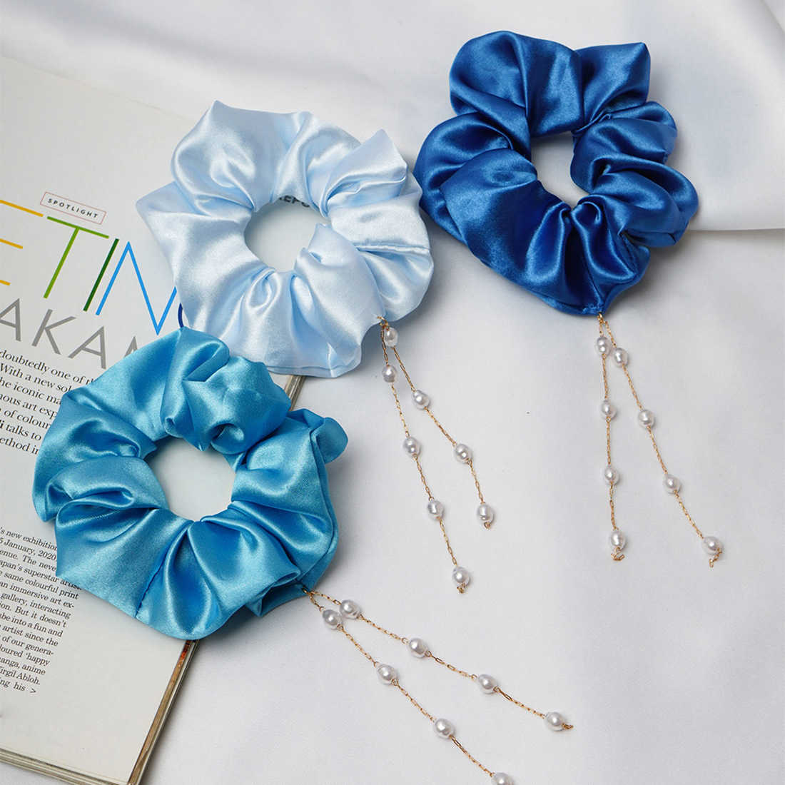 Shades of Blue Pearl Dangling Scrunchie Set of 3