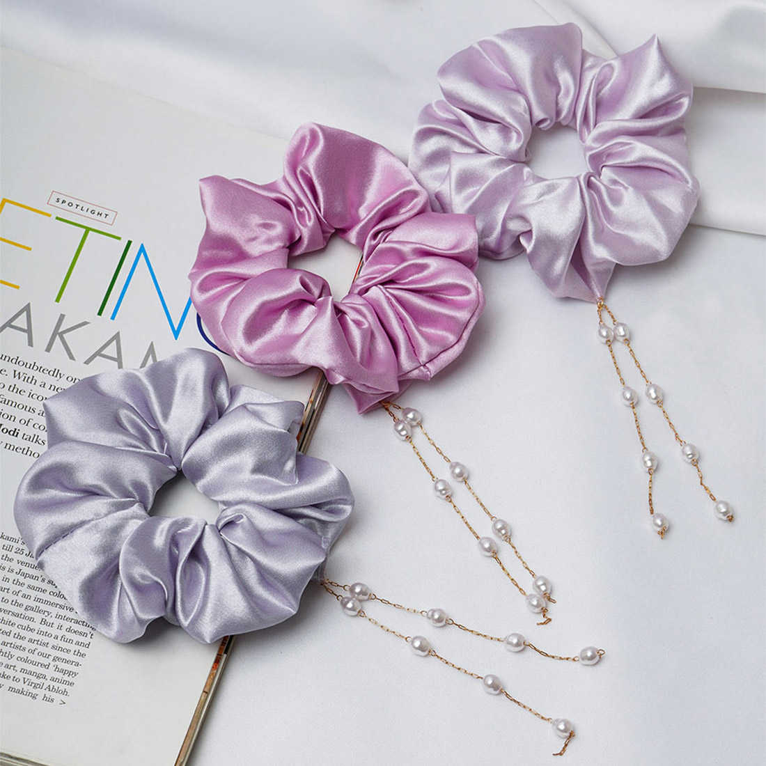 Shades of Lavender Pearl Dangling Scrunchie Set of 3