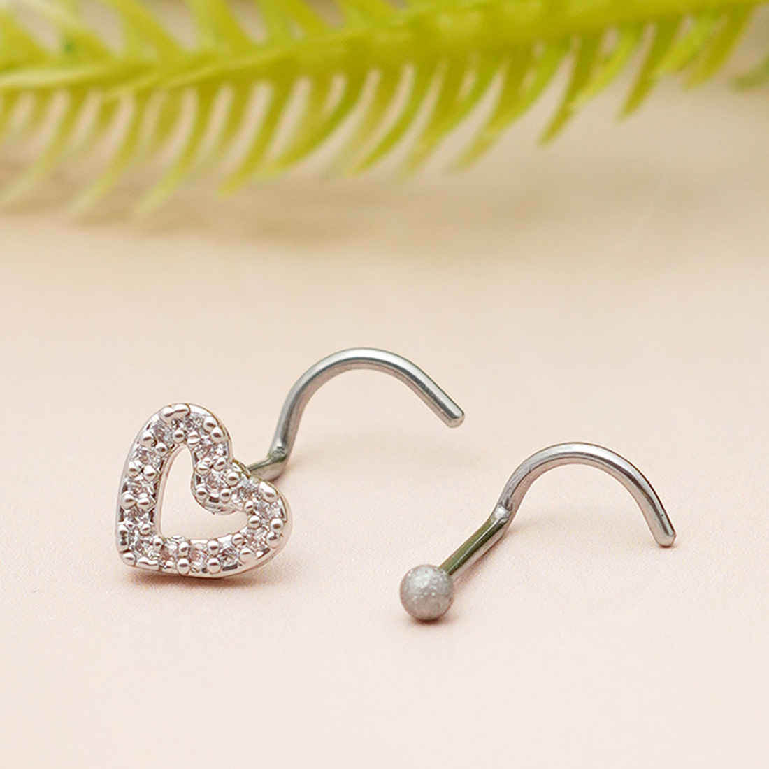 Heart & Bead Silver Nose Pin Set of 2