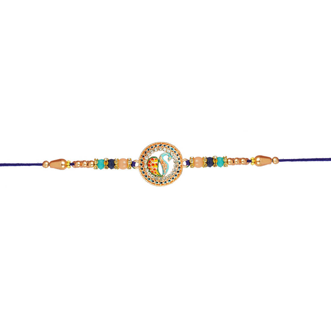 Urmika Peacock Rakhi with Blue Thread with Roli Chawal