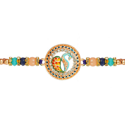 Urmika Peacock Rakhi with Blue Thread with Roli Chawal