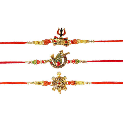 Urmika Shiv Damru, Flute and Tortoise Rakhi Set of 3 with Roli Chawal