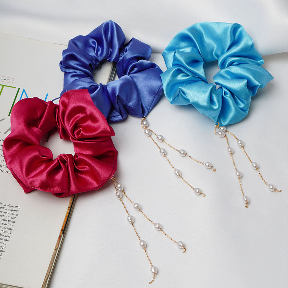 Blue Pearl Dangling Scrunchie Set of 3