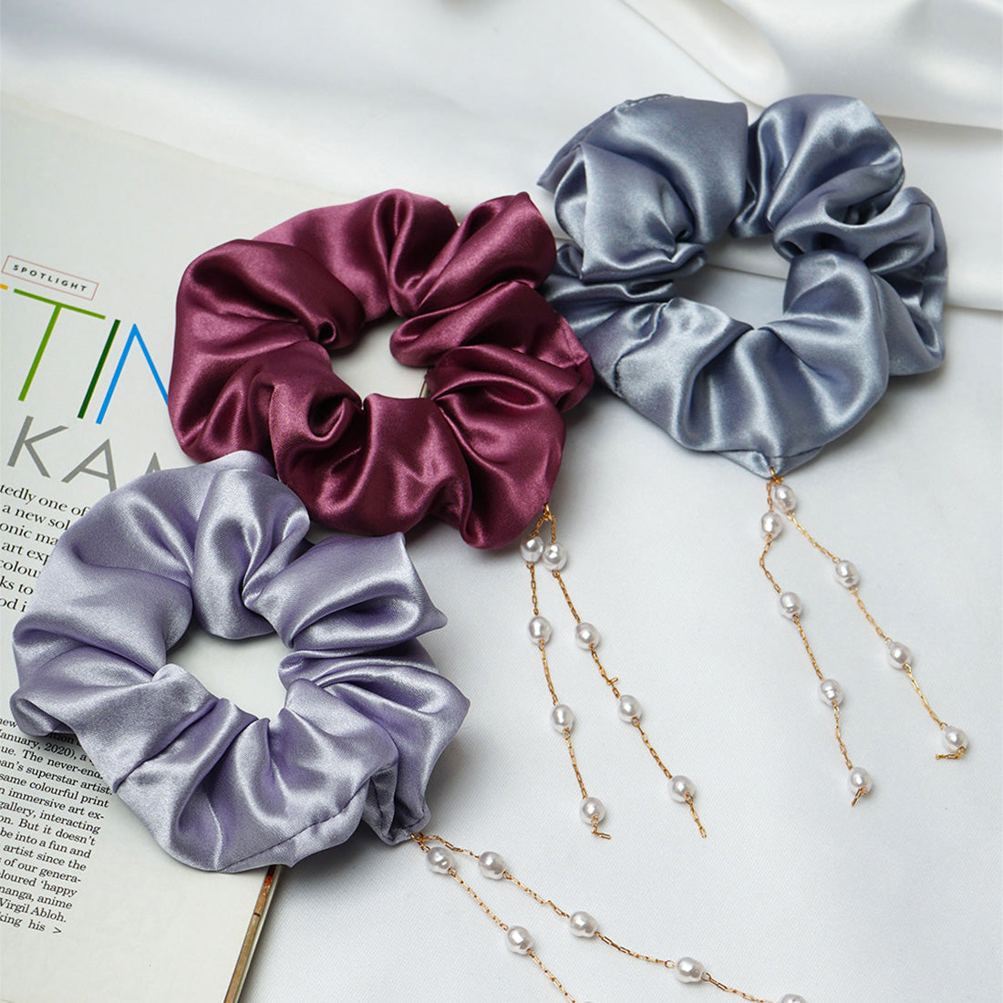 Gray Pearl Dangling Scrunchie Set of 3