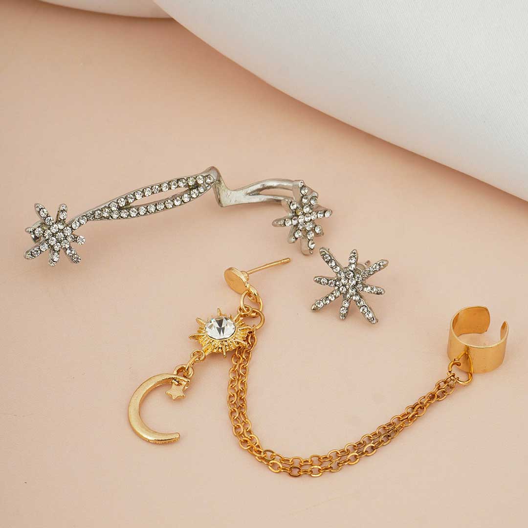 Crystal Sun Star Silver & Gold Earring Chain Ear Clip Set of 3