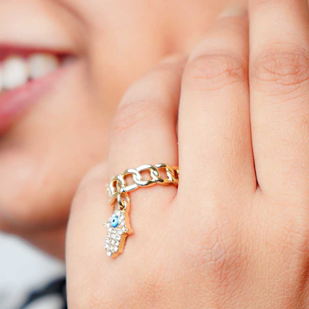 Hamsa Hand Charm Chain Ring