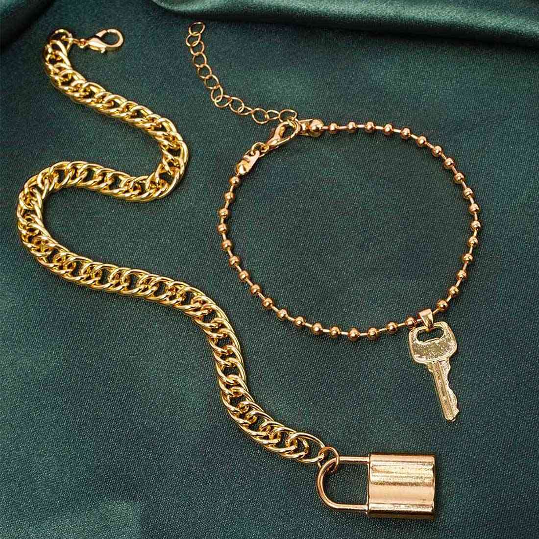 Golden Hued Lock & Key Bracelet Set of 2