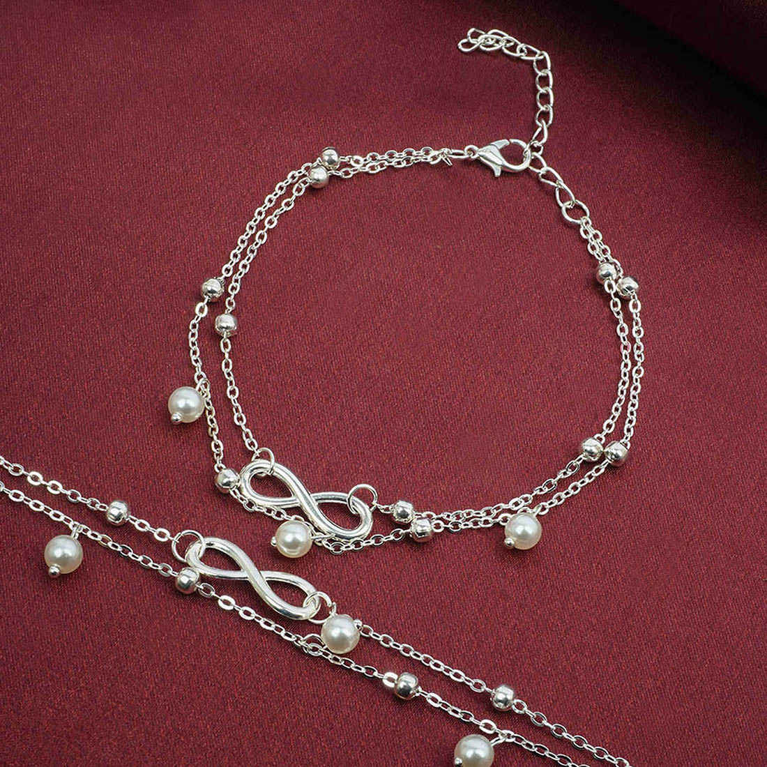Silver-toned Infinity Pearl Charm Anklet Set of 2