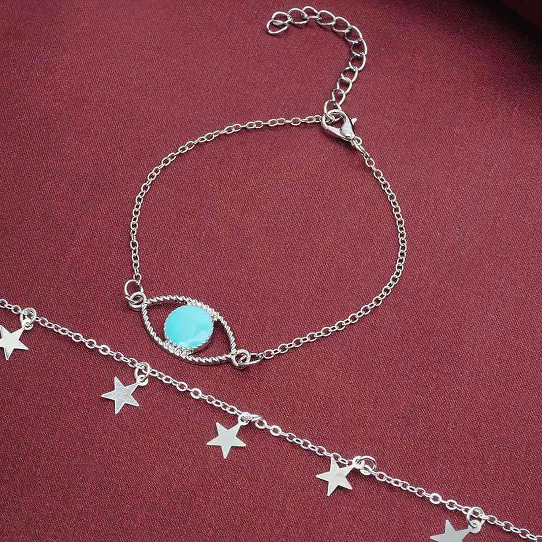 Turquoise Evil Eye Star Charm Silver Bracelet Set of 2