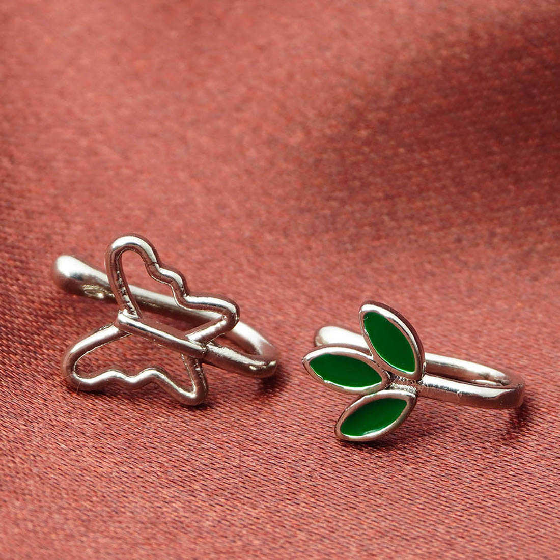 Green Leaf & Butterfly Silver Toned Nose Ring Set of 2