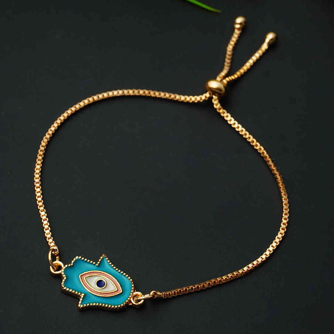Sky Blue Gold Lined Hamsa Hand Evil Eye Charm Bracelet