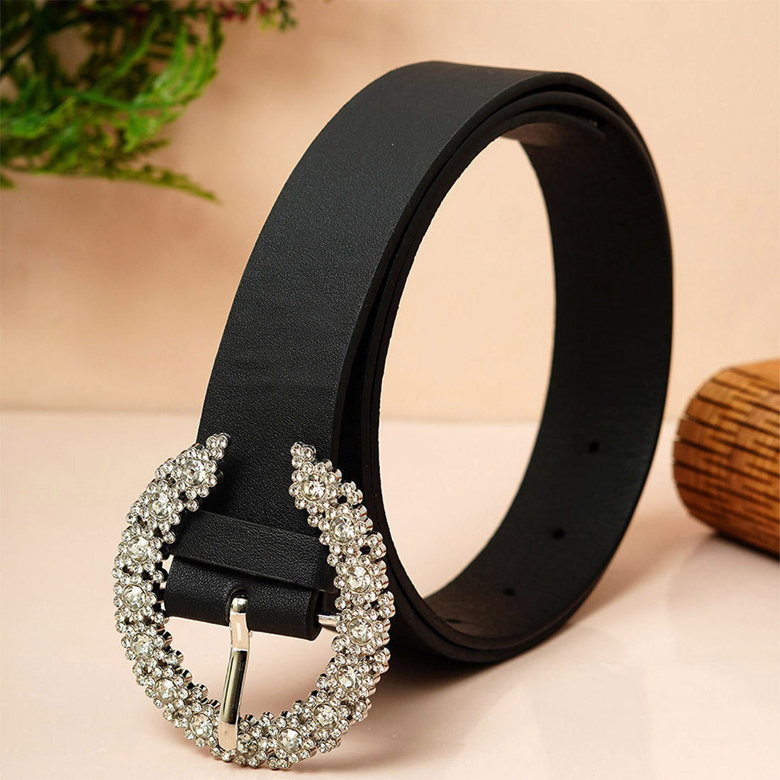 Silver Crystal Studded Buckle Black Belt