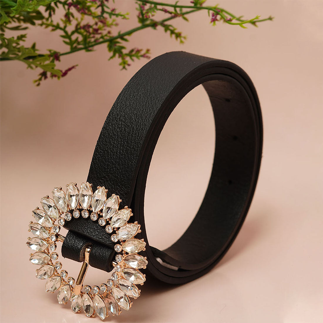 Round Crystal Buckled Black Belt