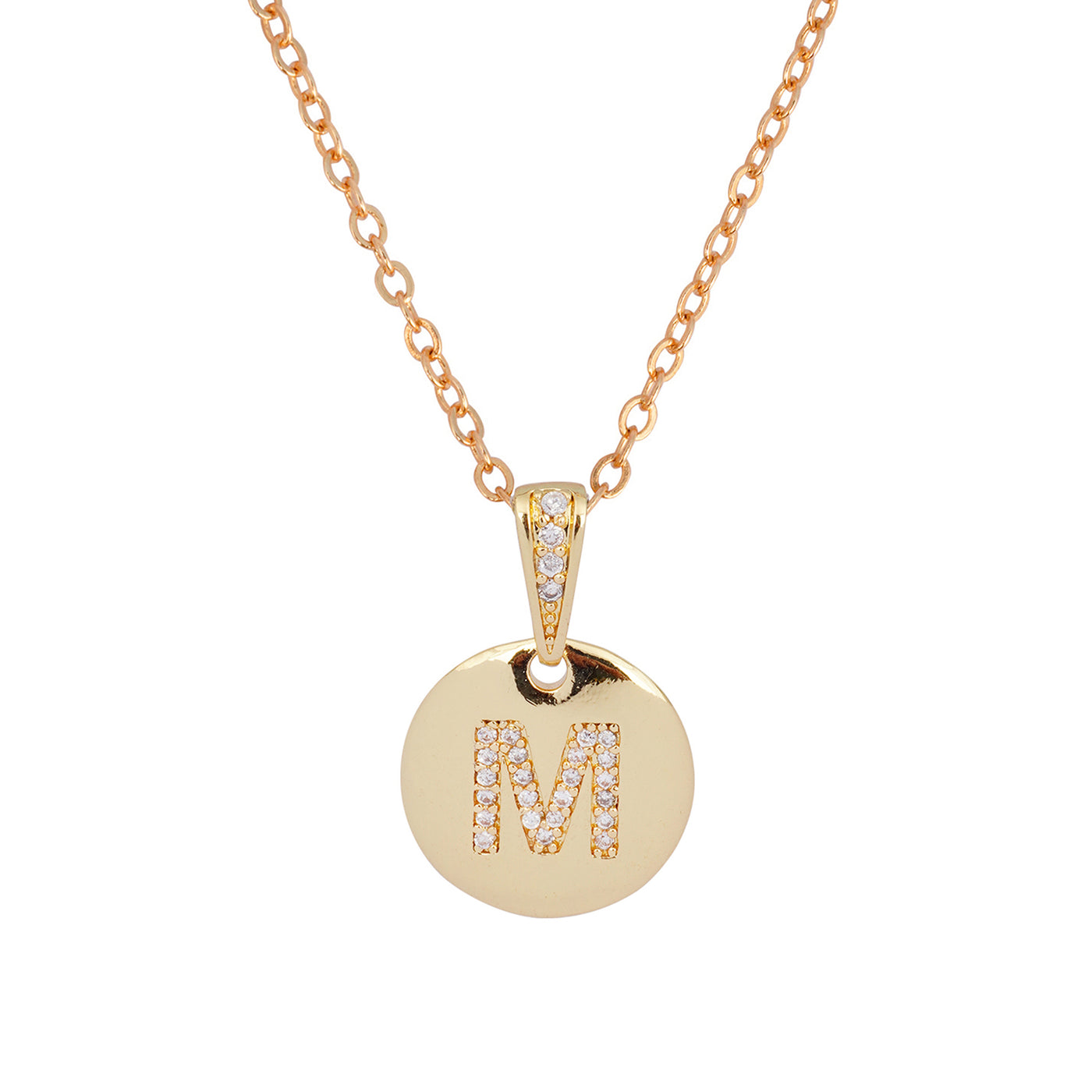 Crystal Studded Alphabet M Gold Coin Necklace