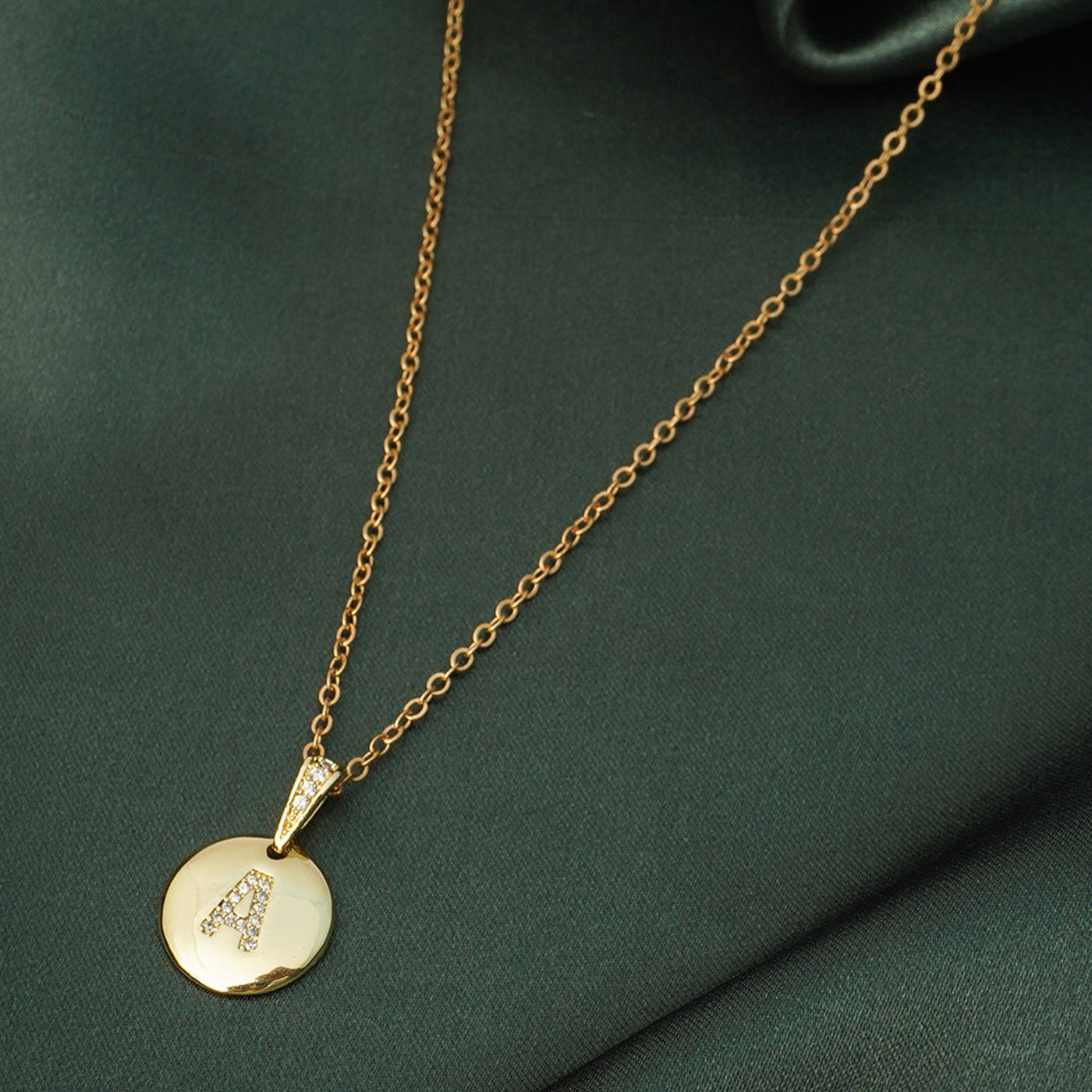 Crystal Studded Alphabet A Gold Coin Necklace