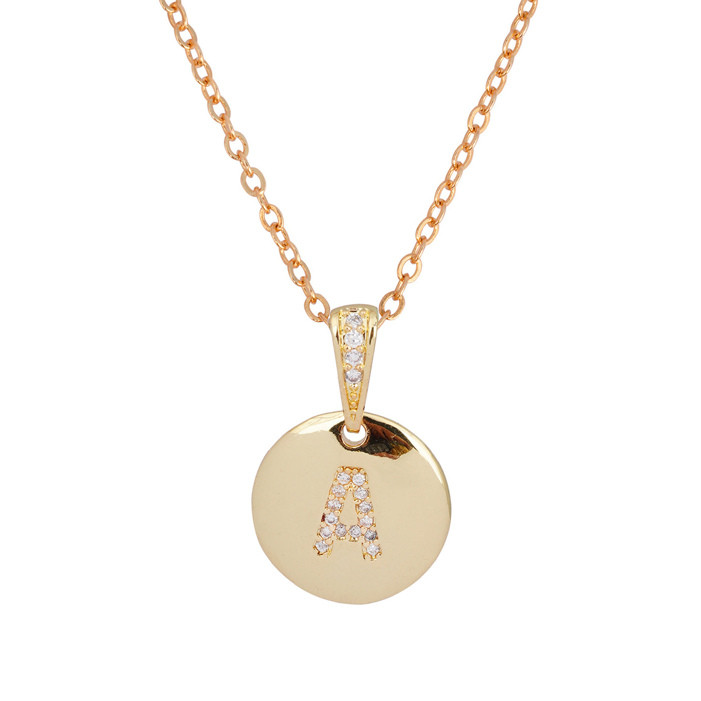 Crystal Studded Alphabet A Gold Coin Necklace