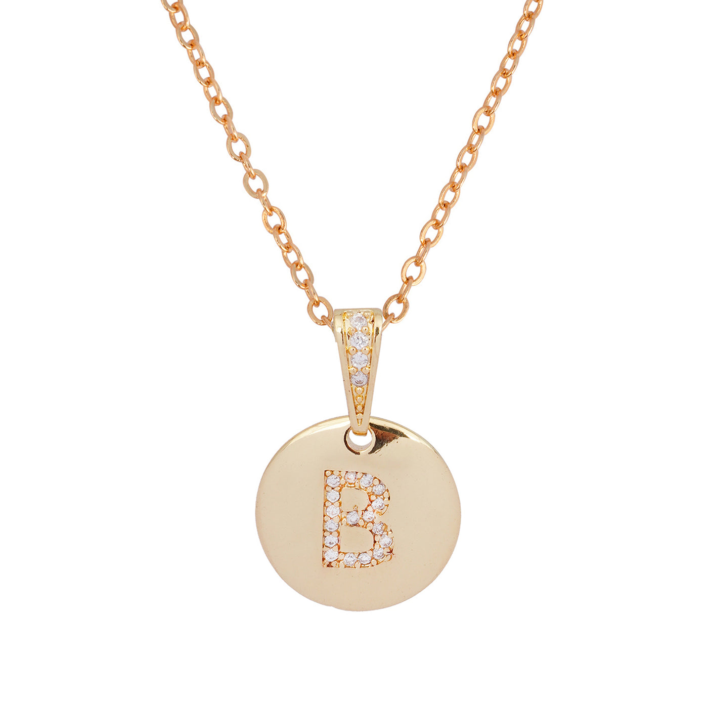 Crystal Studded Alphabet B Gold Coin Necklace