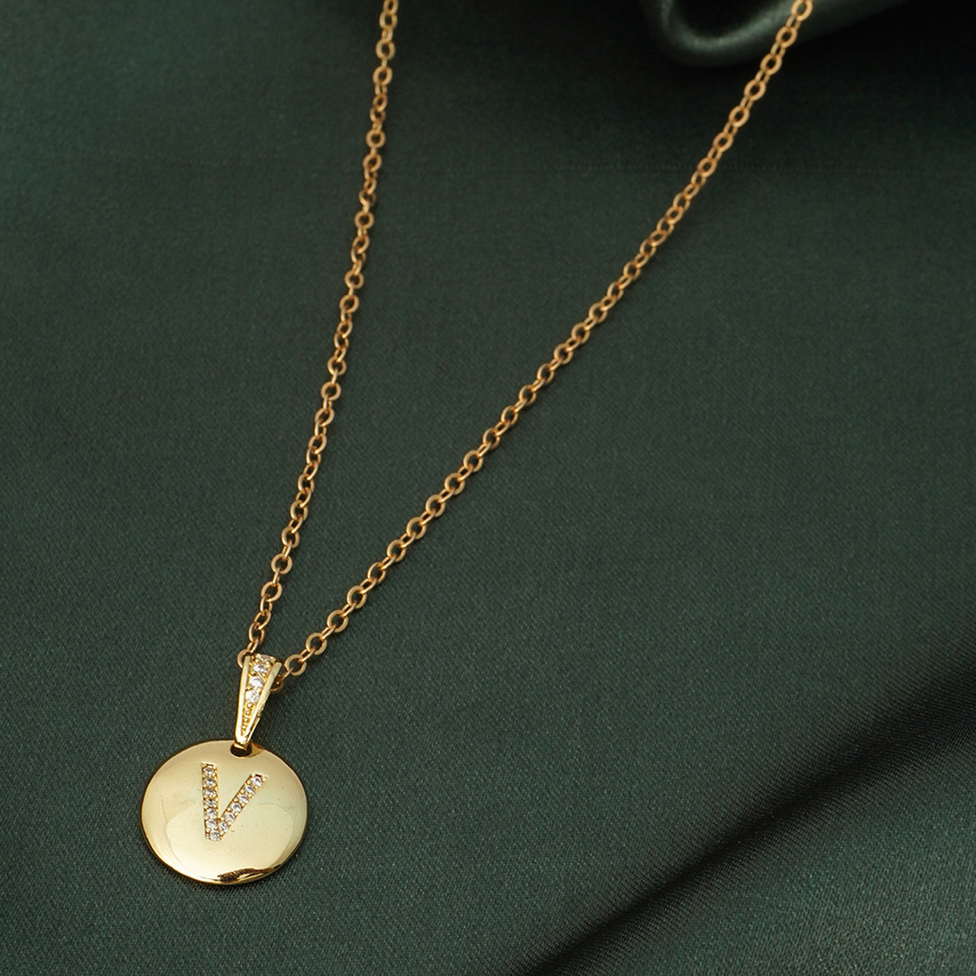 Crystal Studded Alphabet V Gold Coin Necklace