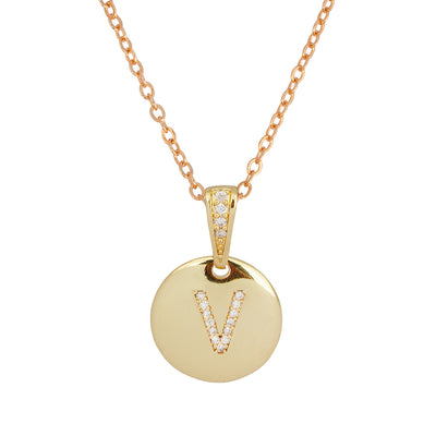 Crystal Studded Alphabet V Gold Coin Necklace