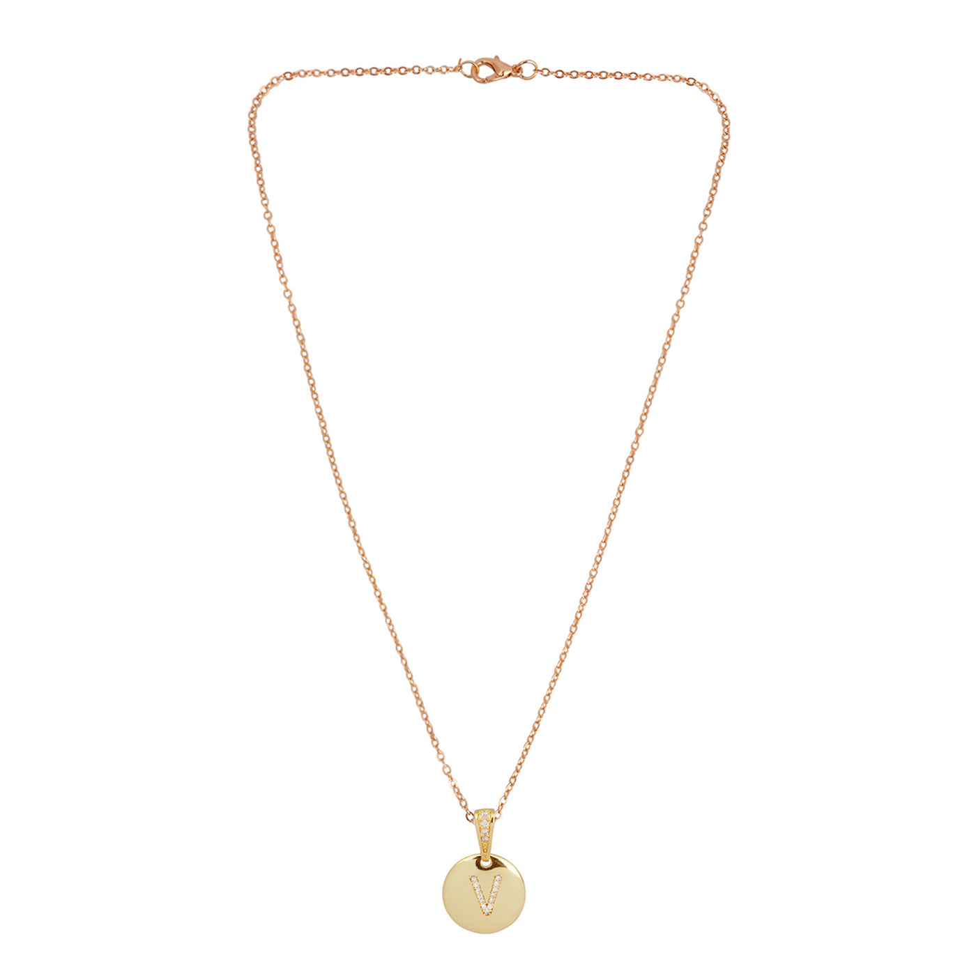 Crystal Studded Alphabet V Gold Coin Necklace