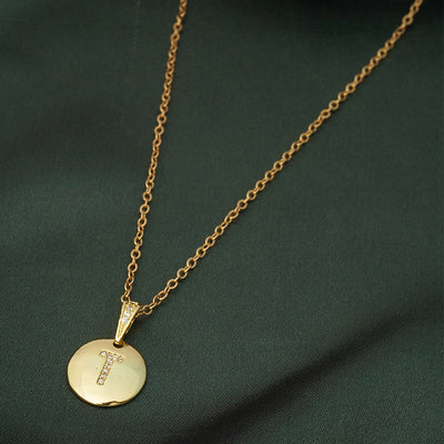 Crystal Studded Alphabet T Gold Coin Necklace