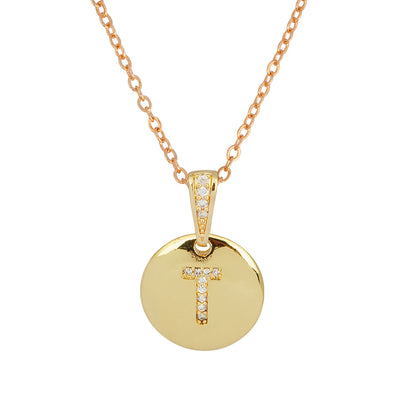 Crystal Studded Alphabet T Gold Coin Necklace