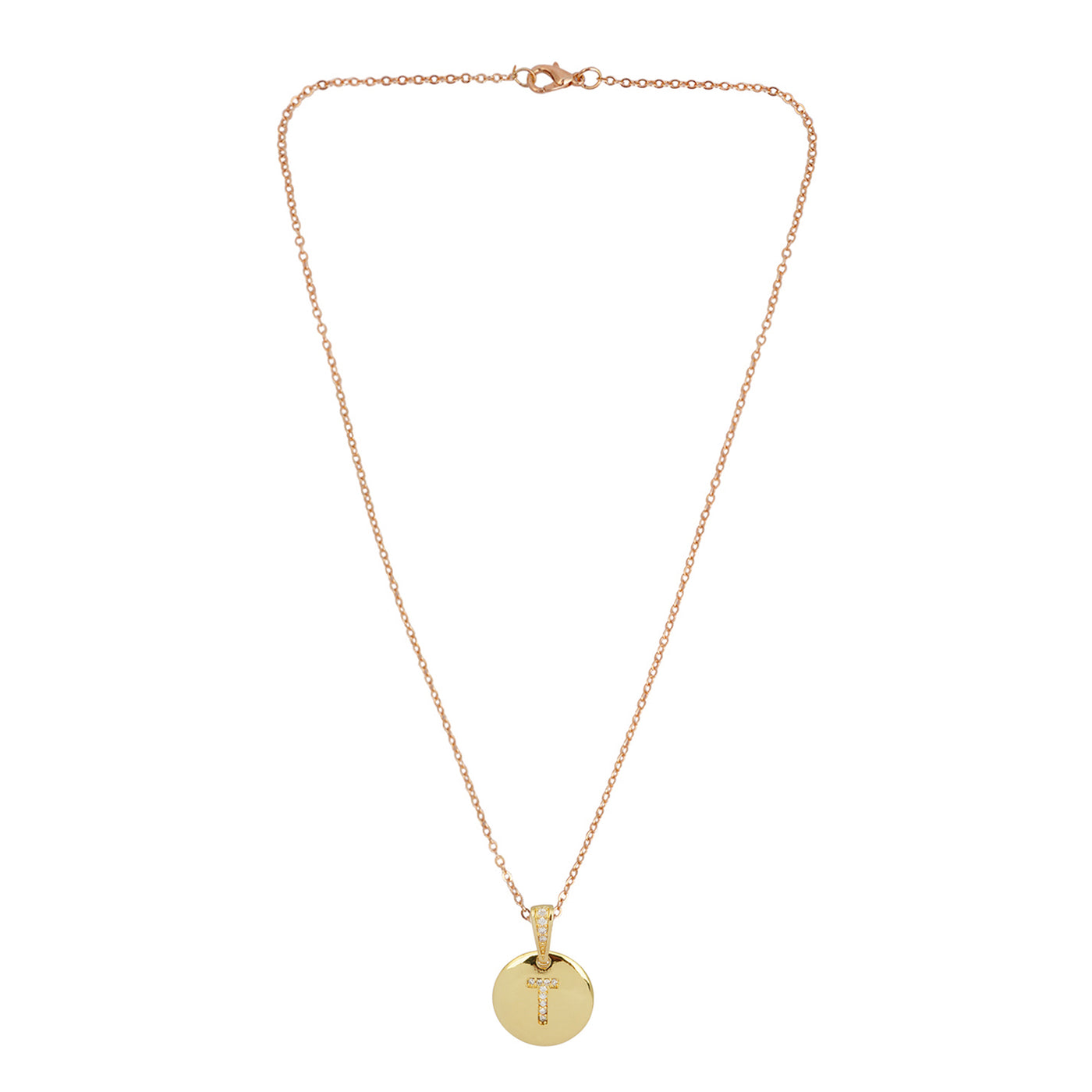 Crystal Studded Alphabet T Gold Coin Necklace