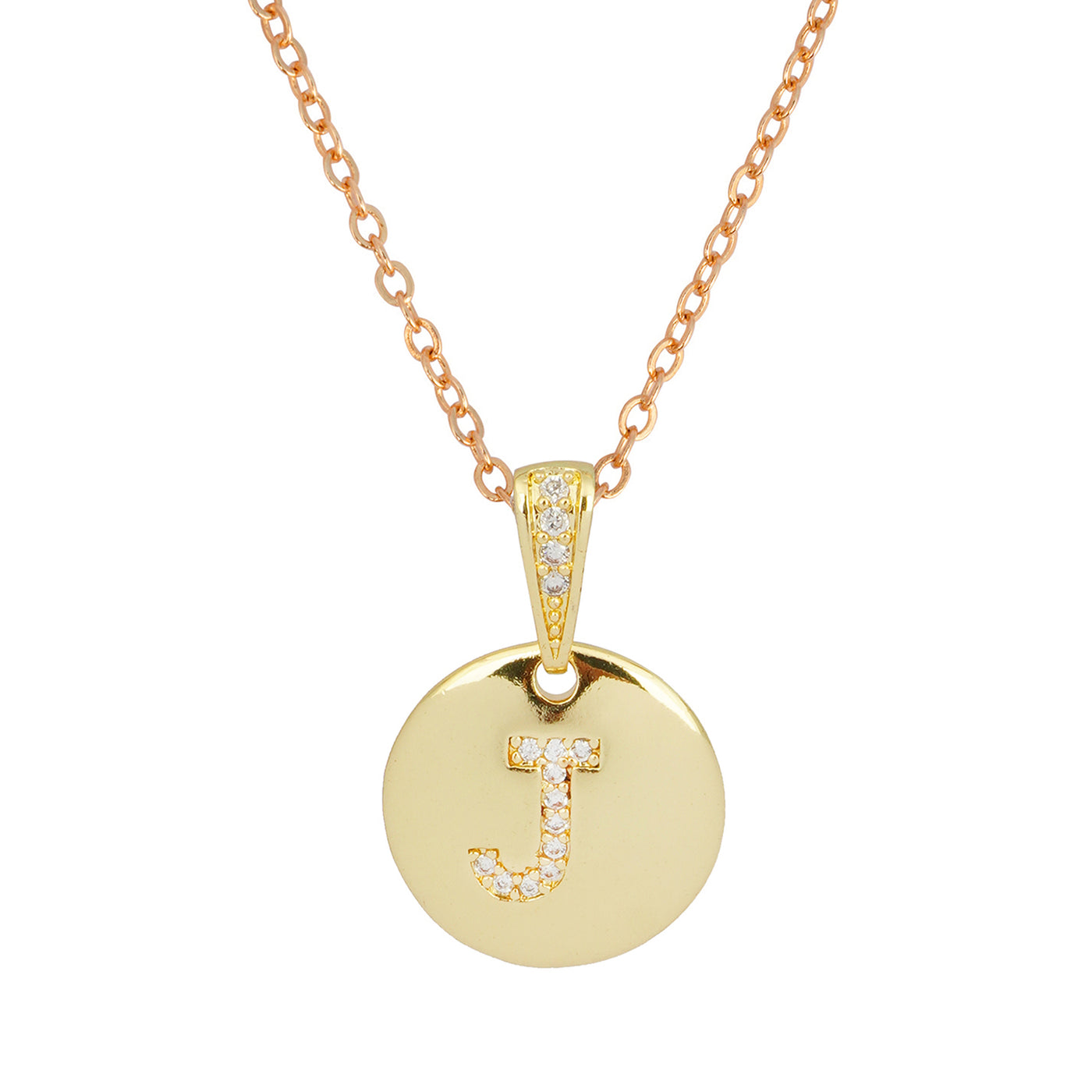 Crystal Studded Alphabet J Gold Coin Necklace