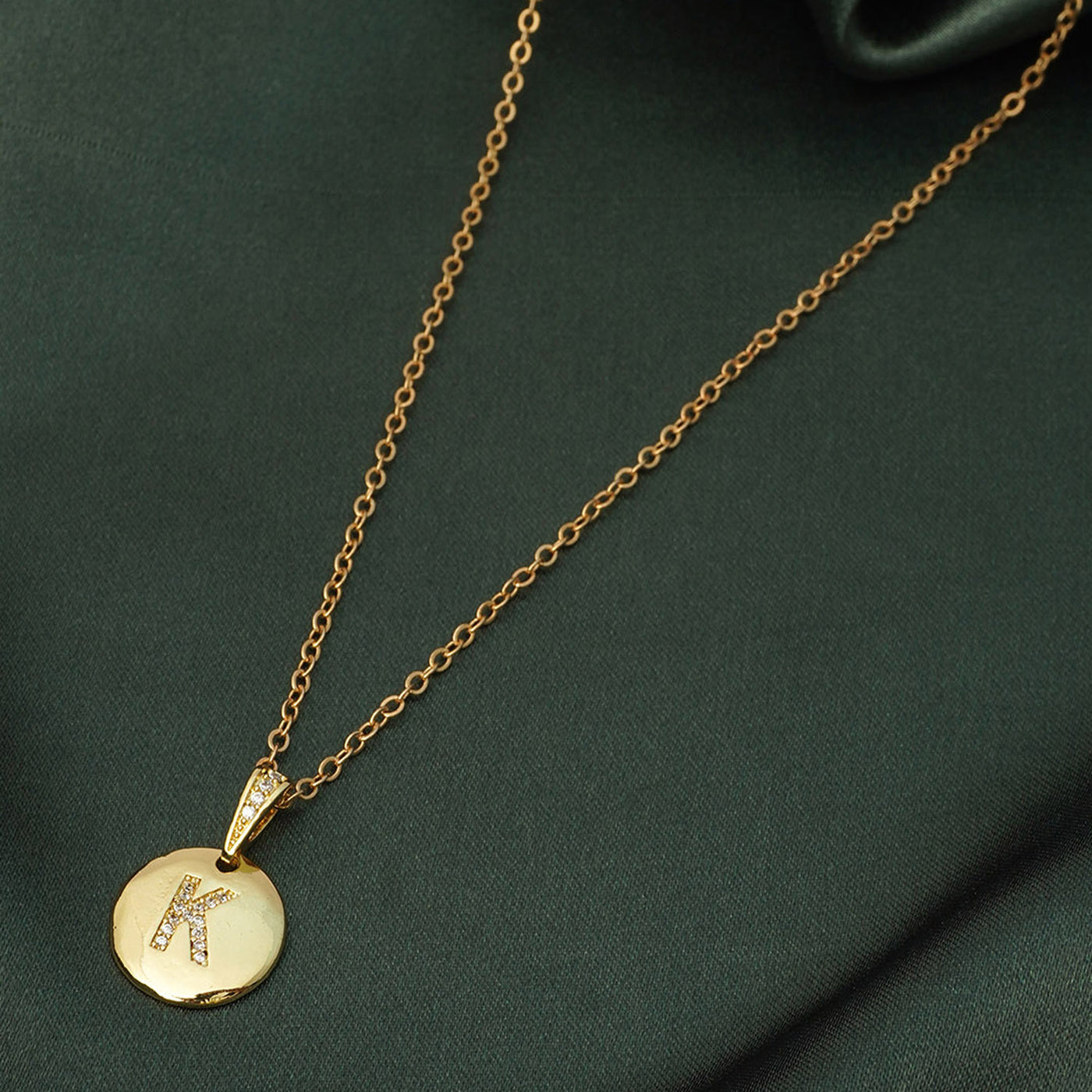 Crystal Studded Alphabet K Gold Coin Necklace