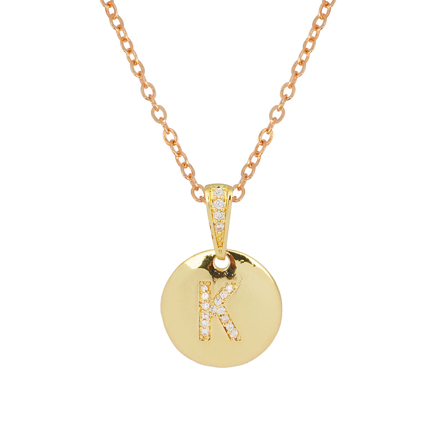 Crystal Studded Alphabet K Gold Coin Necklace