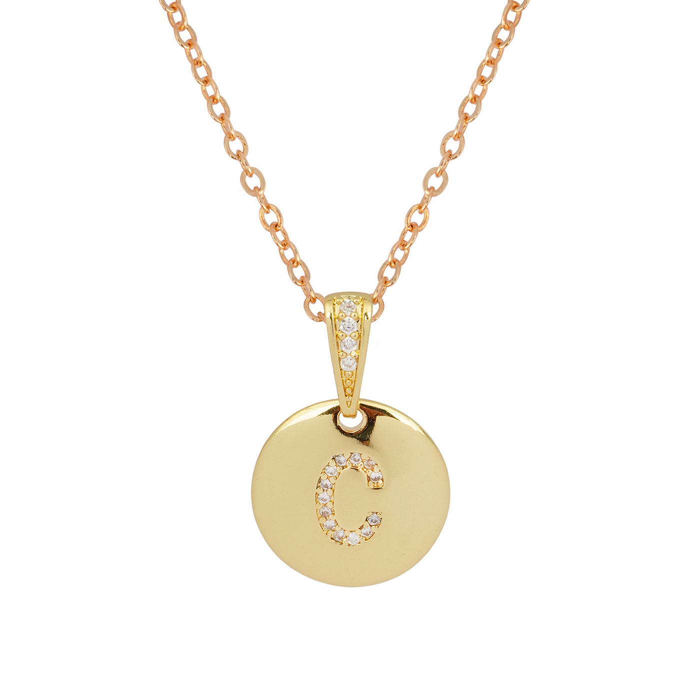 Crystal Studded Alphabet C Gold Coin Necklace