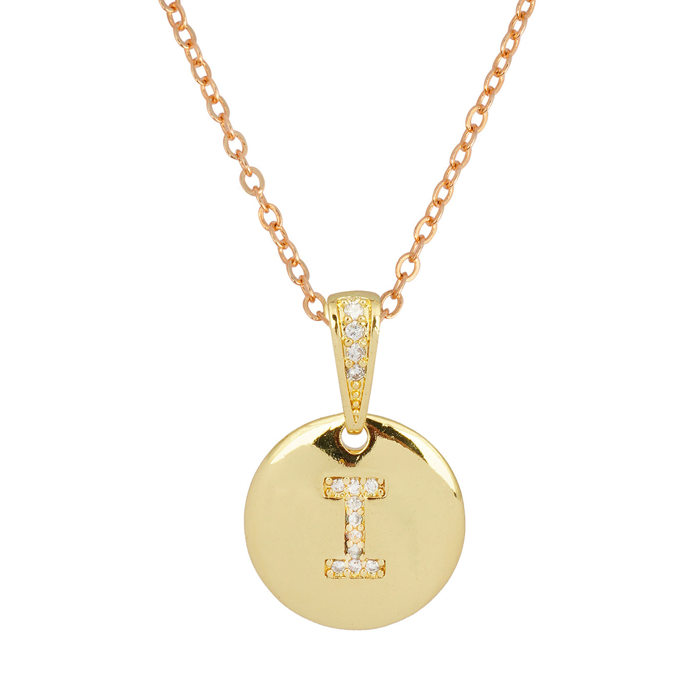 Crystal Studded Alphabet I Gold Coin Necklace