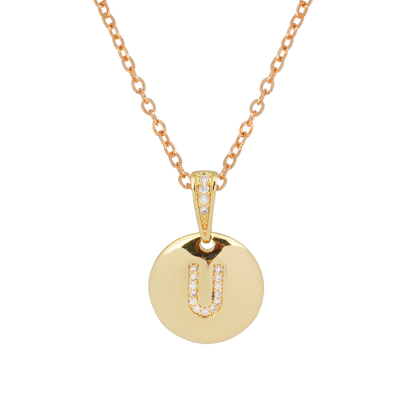 Crystal Studded Alphabet U Gold Coin Necklace
